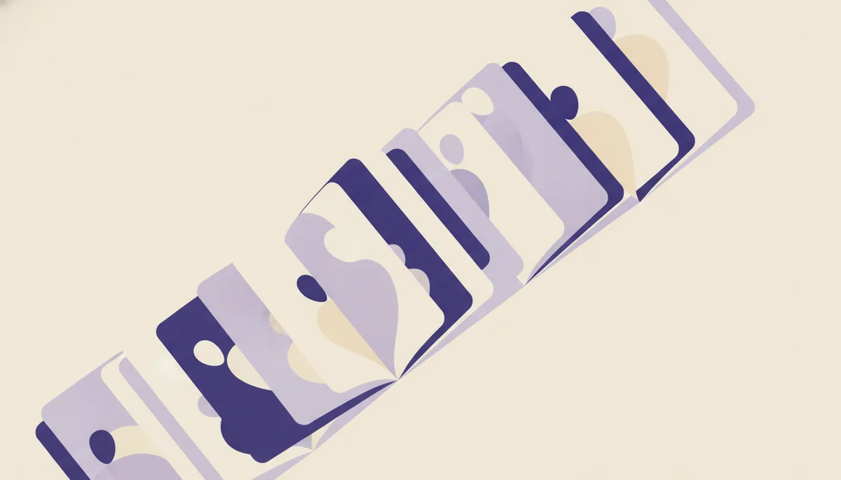 Exploded diagram of a book's opening pages fanned in order, flat editorial illustration in cream and indigo