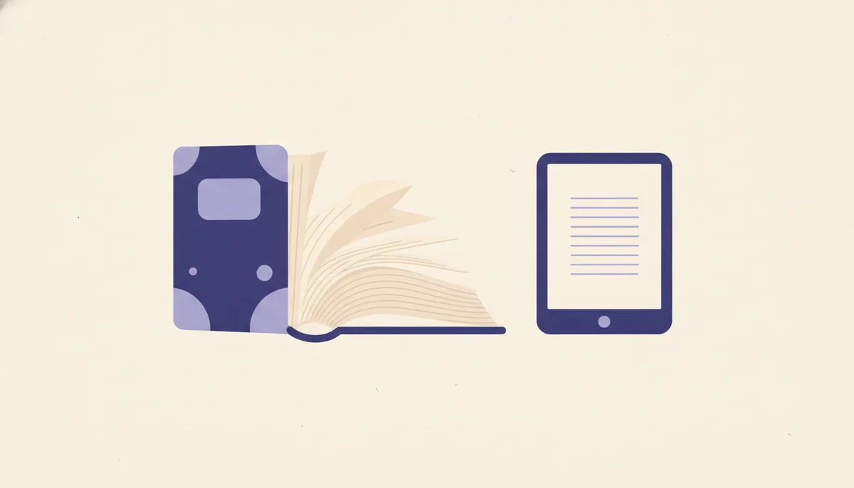 Print book and e-reader side by side showing thick versus thin opening sections, flat editorial illustration