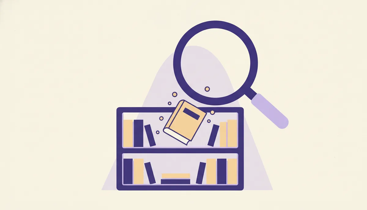 Editorial illustration of a magnifying glass over a bookshelf, indigo and cream palette