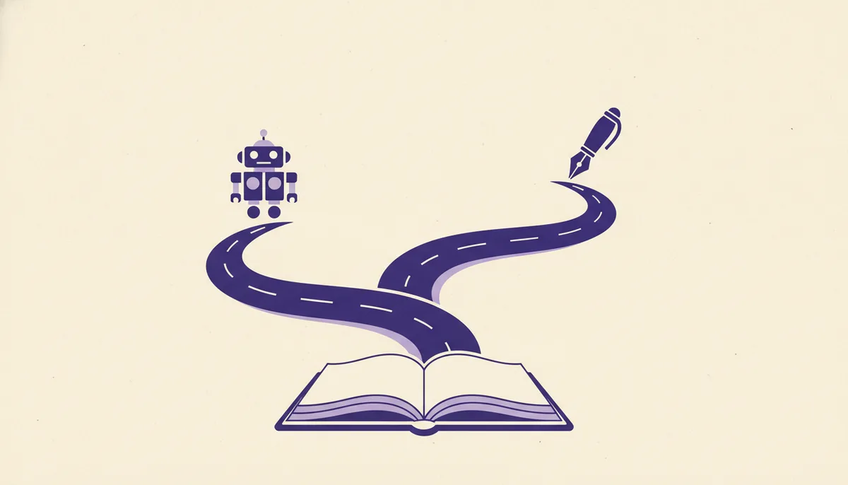 A fork in a path between a robot icon and a pen icon, flat editorial illustration in cream and indigo