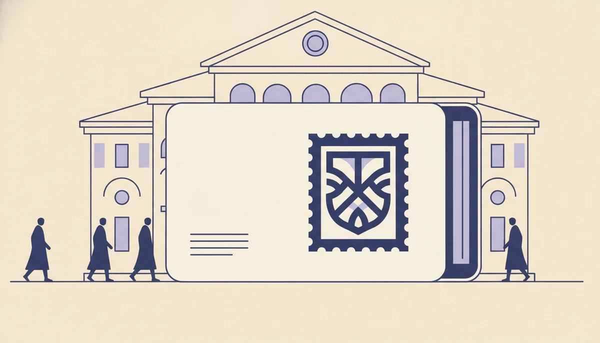 A parcel-wrapped book travelling toward a grand library building, flat editorial illustration in cream and indigo