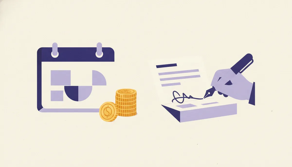 Calendar page for 30 June with a small stack of coins, flat editorial illustration