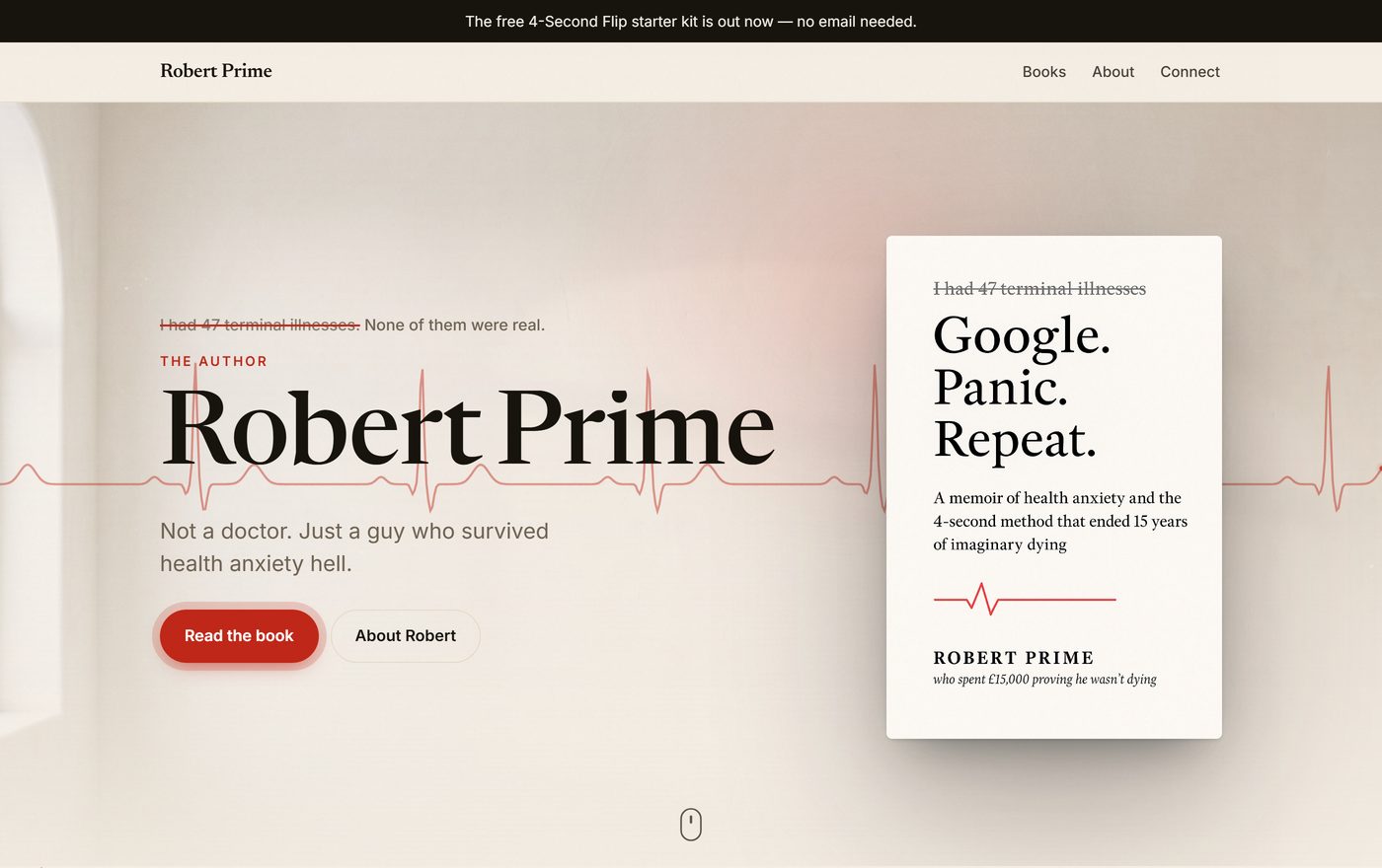 The live author website for Robert Prime: a heartbeat line running across a soft hero image, the author's name in large serif type, the memoir Google. Panic. Repeat. shown on a cream cover card, and Books, About and Connect in the navigation.